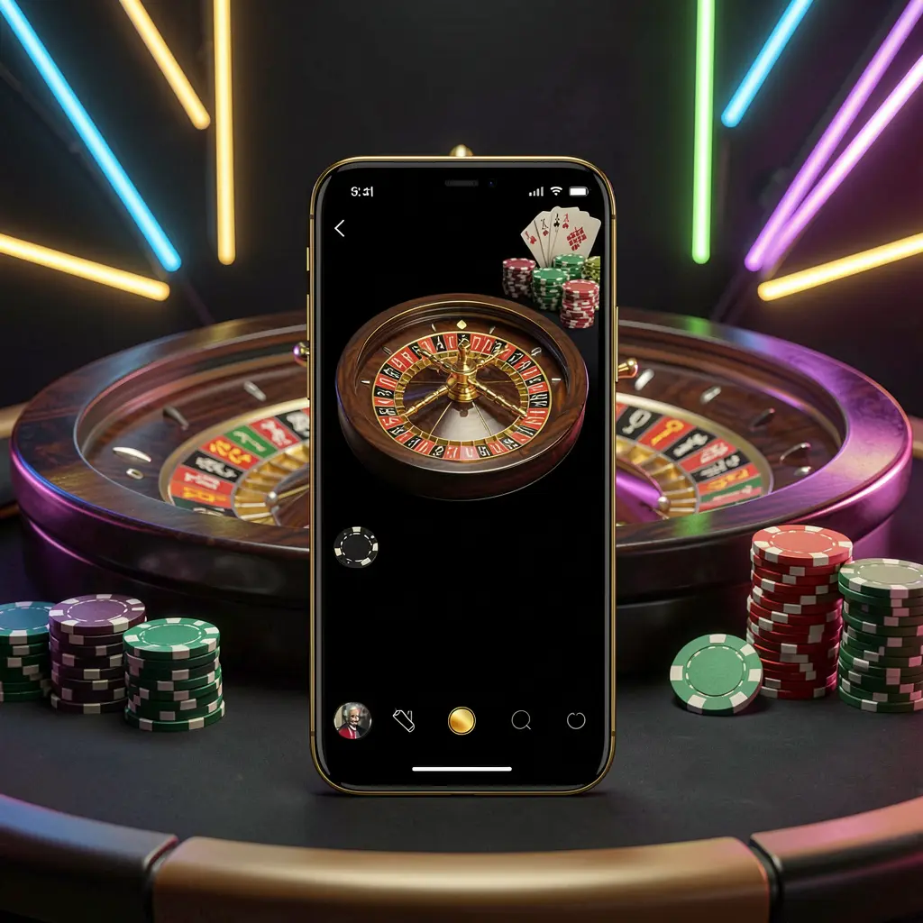 EEEEPH mobile casino app interface displayed on a phone with a glowing neon roulette wheel and poker chips in the background, featuring a premium black and gold style