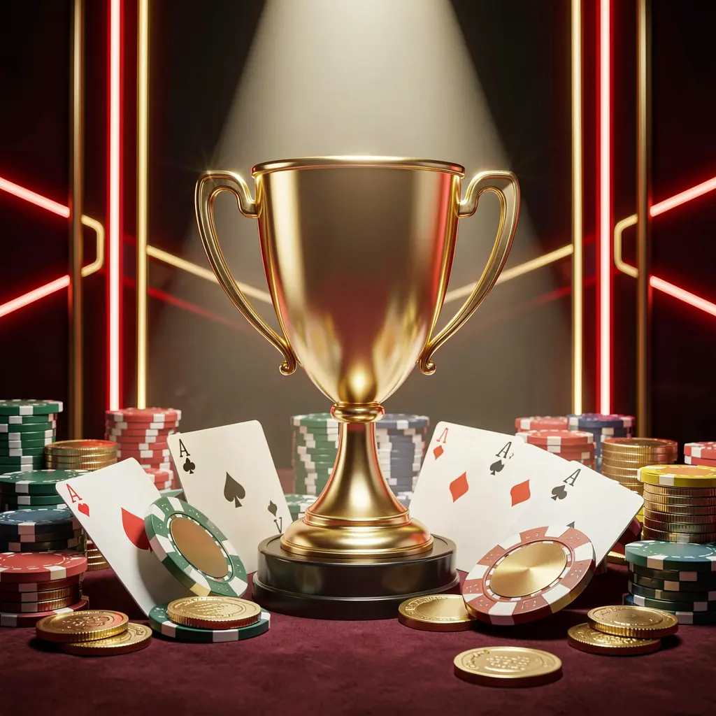 EEEEPH casino tournament bonus concept featuring a golden trophy surrounded by poker chips, playing cards, and coins under bright spotlight in a competitive luxury casino atmosphere with dark background and red and gold neon accents
