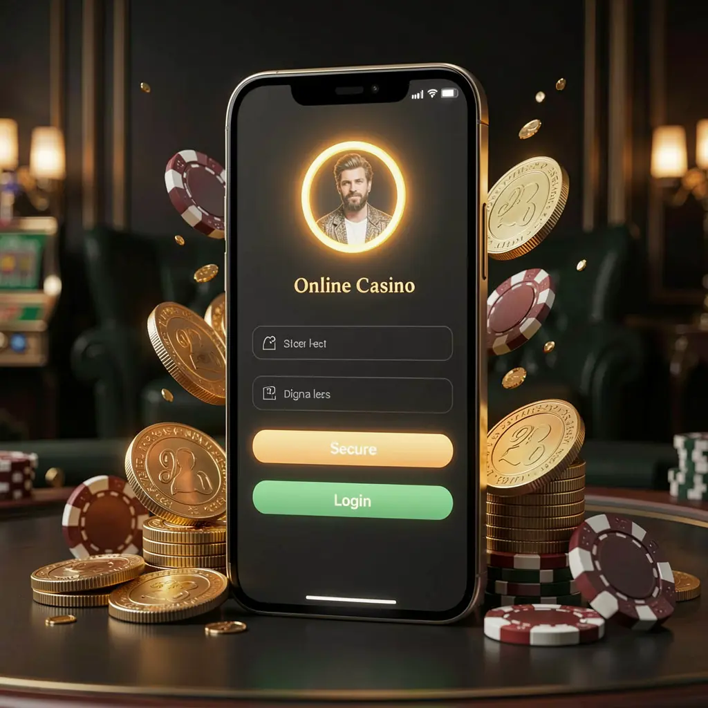 EEEEPH online casino login page hero banner featuring a modern smartphone with a secure login screen, glowing user profile icon, golden coins and poker chips surrounding it against a dark luxury background
