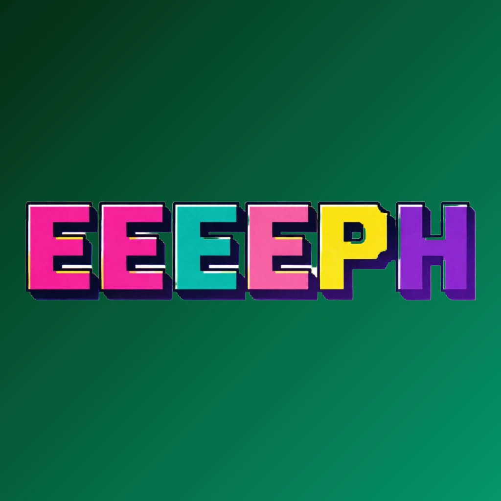 Bold arcade-style EEEEPh logo with chunky retro typography in bright pink, turquoise, yellow, and purple colors, creating a vibrant gaming atmosphere on a transparent background