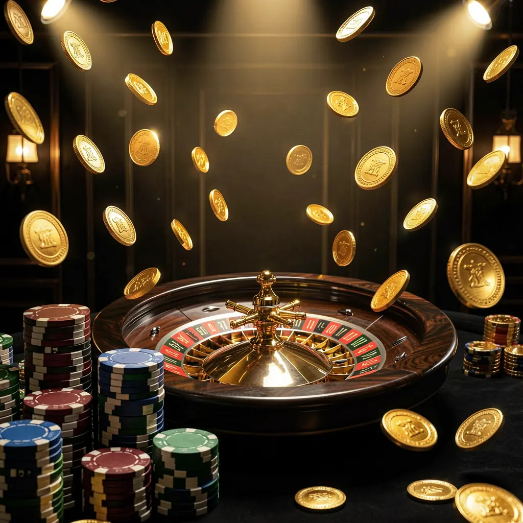 EEEEPH online casino main page background with dramatic casino lights, golden coins flying, stacked poker chips in the foreground, and a roulette wheel behind in a luxury black and gold atmosphere